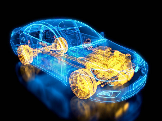 A glowing futuristic car engine blueprint overlaid with secure insurance checkmarks